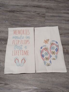 Set Of 2 Two White Embroidered Decorative Flip Flop Hand Kitchen Dish Towels